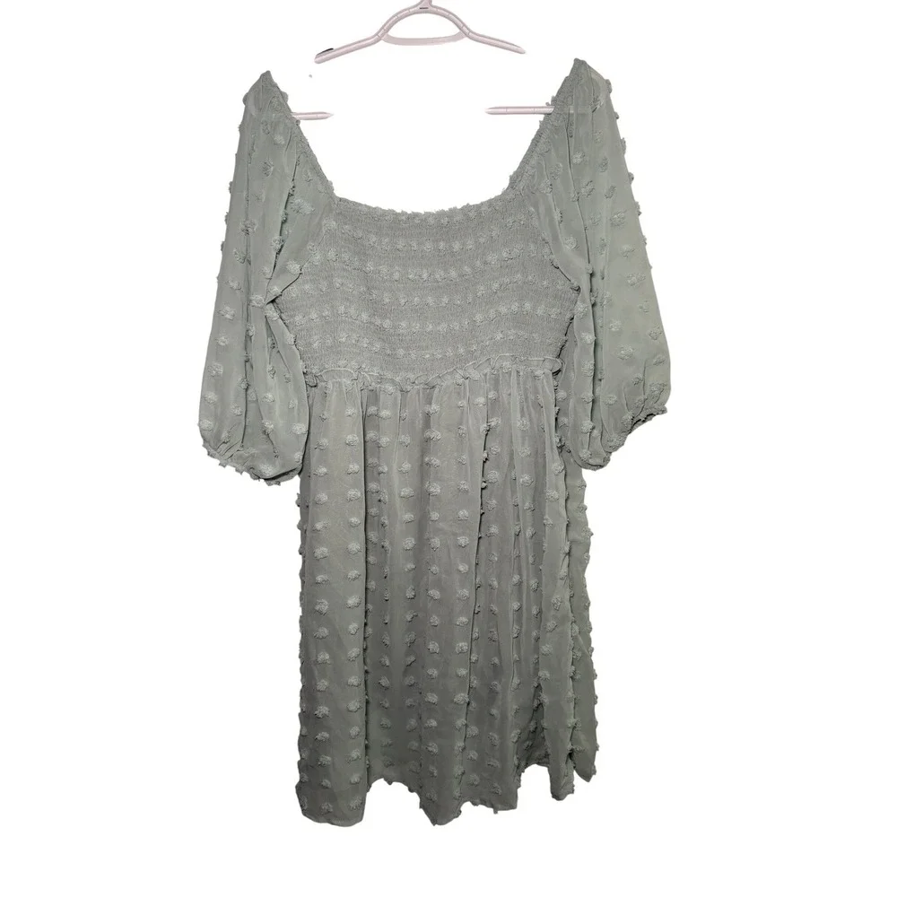 MIHOLL Sage Green Swiss Dot Smocked Square Neck Puff Sleeve‎ Dress Large Cottage